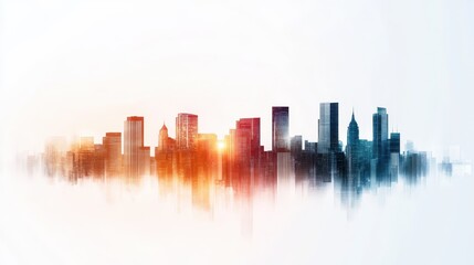 Fototapeta premium A vibrant city skyline at sunset, featuring tall buildings, silhouettes, and a gradient of colors blending into a bright sky.
