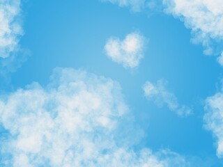Heart-shaped clouds floating in the clear sky. Illustration created by drawing on a tablet, used as a cute style background.