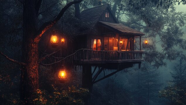 Mystical treehouse nestled in a misty forest. Warm light illuminating interior