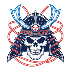 A striking digital art piece depicting a samurai skull seamlessly fused with vibrant neon blue and white cables, showcasing intricate detail and a cyberpunk aesthetic.