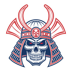 A striking image of a samurai skull seamlessly fused with vibrant neon blue and white cables, detailed and hyperrealistic.