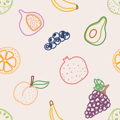 Seamless vector pattern with outlined fruits including banana, fig, blueberry, avocado, orange, pomegranate, peach, kiwi and grapes. Color strokes on light background