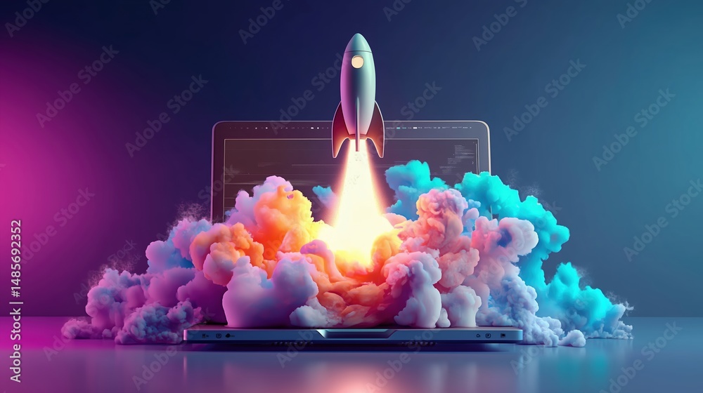 Fototapete photorealistic 3d render of a laptop with a rocket launching from its screen emitting dynamic smoke 