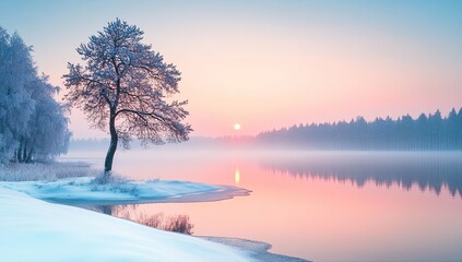 Winter sunrise over a frozen lake