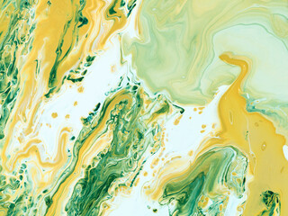 Abstract fantastic painting, green and yellow creative hand painted background, ocean, sea, brush and marble texture, acrylic.