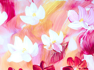 Abstract pink and white flowers, original hand drawn, impressionism style, color texture, brush strokes of paint, art background.