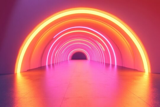 Neon arch tunnel with vibrant colors.  A futuristic tunnel with a series of concentric, glowing, arching neon lights in vibrant orange and pink hues.  The smooth, - Powered by Adobe