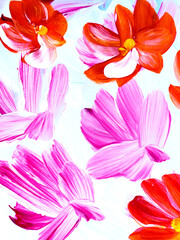 Abstract pink and red flowers, original hand drawn, impressionism style, color texture, brush strokes of paint, art background.