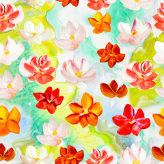 Seamless pattern of abstract red and white flowers. Original hand drawn, impressionism style, art painting, creative hand painted background, brush texture, acrylic.