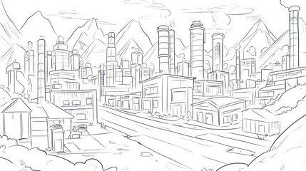 Fototapeta premium Industrial town sketch, mountains backdrop, city buildings, roadway, illustration
