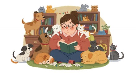 Woman reading book surrounded by pets