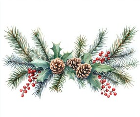 Festive arrangement of pine branches, green holly leaves with red berries, and brown pine cones on a white background evoking a winter holiday mood