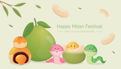 Pomelo and pulp, moon cake and egg yolk, delicious traditional Chinese dessert, vector illustration poster