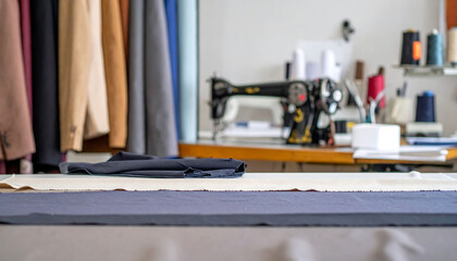 Craft studio scene with layered fabrics, tailoring tools and vintage sewing machine hinting at artisanal skill, custom creations, and the tradition of garment making.