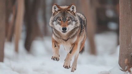 Naklejka premium A leaping wolf in a snowy woodland setting.