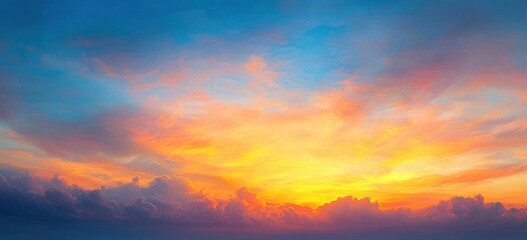 Fototapeta premium Vibrant sunset sky with glowing orange and yellow hues blending into soft blue with scattered clouds