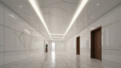 3D rendering of modern hallway with geometric ceiling lights and clean white walls