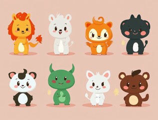 Fototapeta premium Eight cute cartoon baby animals and a small green dragon standing in two rows on a pink background, smiling and holding autumn leaves, expressing happiness and friendliness