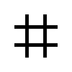 A simple black hashtag symbol comprised of three horizontal and three vertical lines on a white background