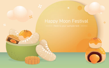 Delicious mooncakes with oozing salted egg yolk, moon and pomelo, Mid-Autumn Festival poster