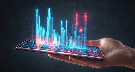 Hand holding a tablet projecting vibrant blue and red 3D digital bar graphs and data visualization in a dark environment conveying futuristic technology and analytics