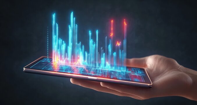 Hand holding a tablet projecting vibrant blue and red 3D digital bar graphs and data visualization in a dark environment conveying futuristic technology and analytics - Powered by Adobe
