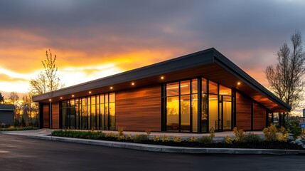 Obraz premium A modern building with large glass windows is illuminated by a vibrant sunset, surrounded by greenery and a well-maintained landscape.