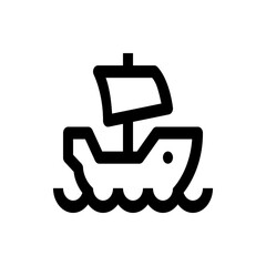 Illustration of a simple black outline of a ship sailing on wavy water with a sail and a small circle on it
