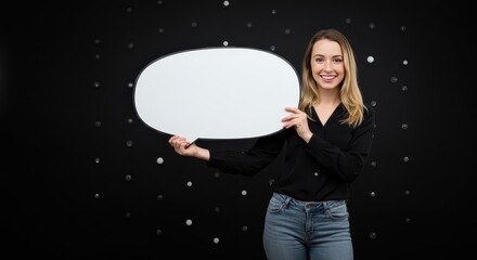 The woman is holding a large white speech bubble. Visual Concept.