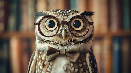 Adorable Owl wearing Glasses and Bow Tie near Bookshelf