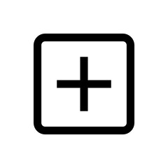 Black plus sign inside a rounded square outline, centered on a white background, simple and minimalist design