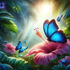Vibrant Blue Butterflies on Pink Hibiscus in Lush Tropical Rainforest