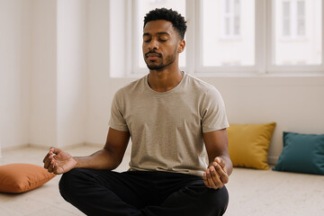 Serene young man meditating in lotus position, finding inner peace and practicing mindfulness at home