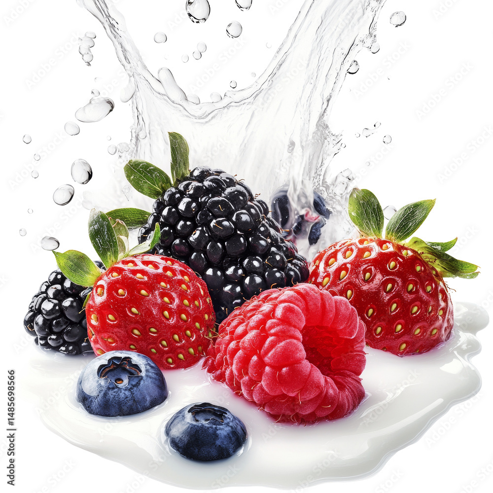Poster Assorted berries in splash of water on creamy base, a colorful display