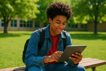 Fototapeta premium Happy african american student using digital tablet sitting on bench in university campus
