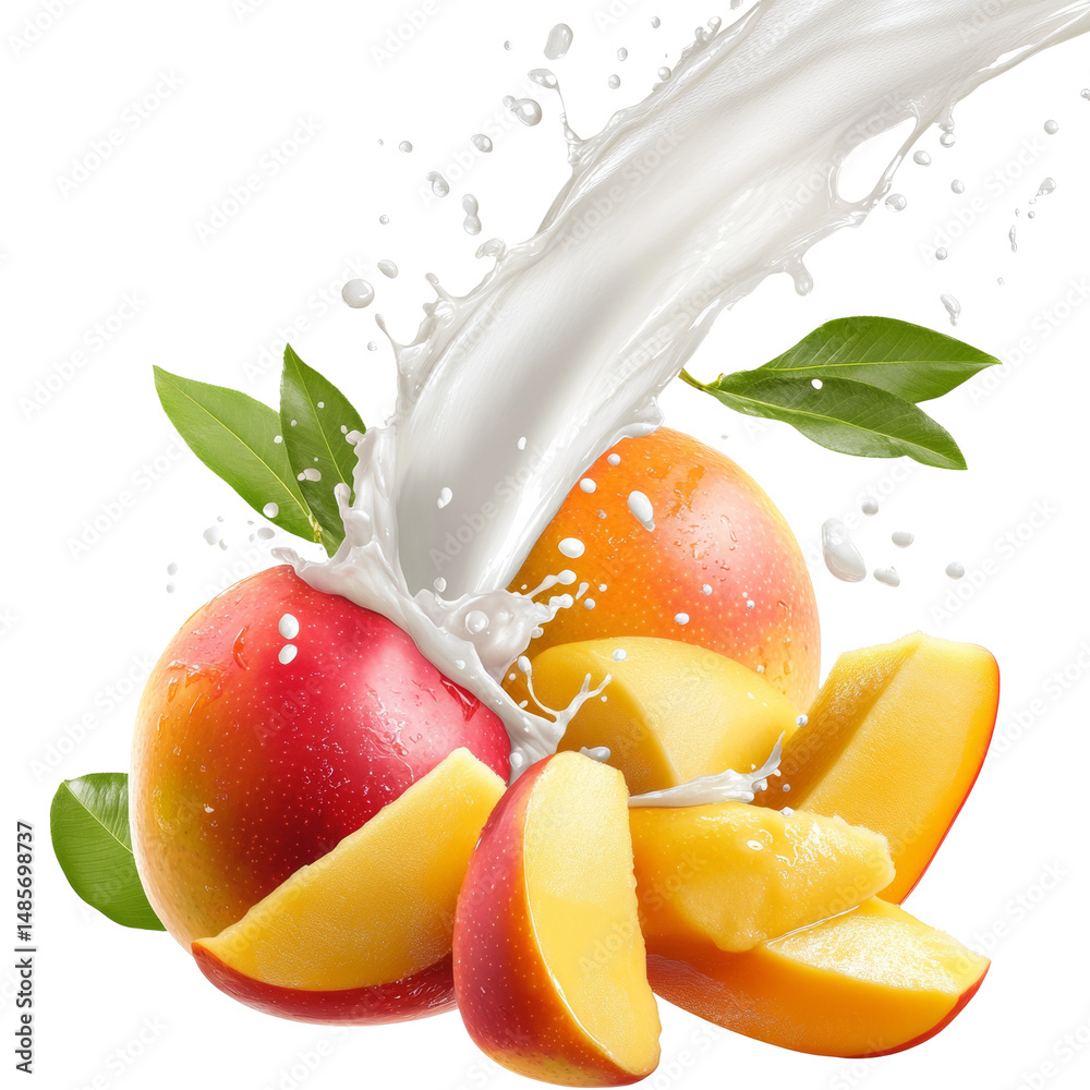 Poster refreshing mango with splash of milk creating a tropical fruit delight