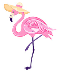 A pink flamingo with a straw hat on a white background