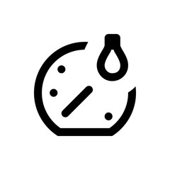 Black and white icon showing a circular gauge with a needle and a water drop symbol at the top right