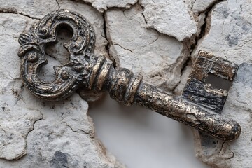 Ornate key rests on fractured stone
