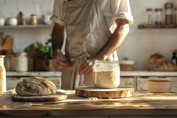 Artisan baker checking his sourdough starter in natural light Selective focus