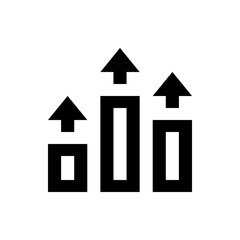 Black and white illustration of three vertical bars with upward pointing arrows above each bar showing growth