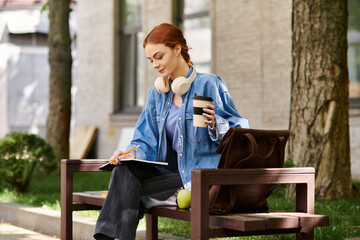 Creative moments of a red haired woman enjoying a quiet afternoon at the park while writing