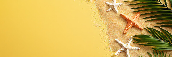 A yellow background with sand, starfish, and palm leaves on the right side of the picture. The beach theme is minimalistic, simple,