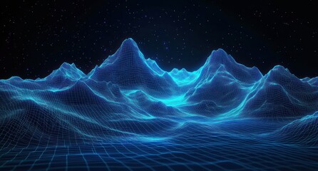 Digital blue wireframe mesh representing a mountainous landscape under a starry night sky, evoking futuristic and technological atmosphere