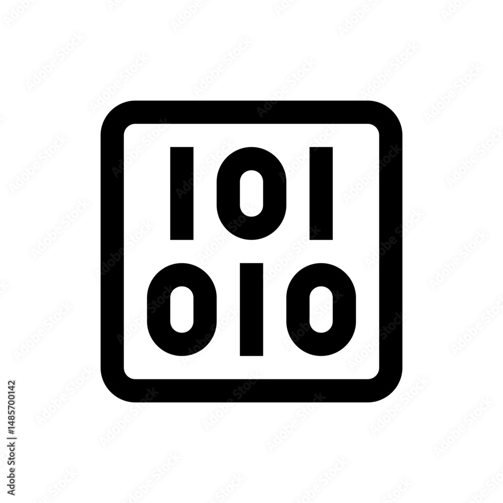 Poster illustration of a rounded square containing two rows of binary code ones and zeros in black and whit