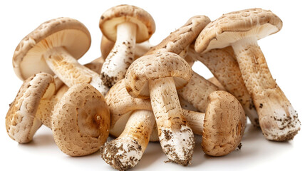 Pile of fresh field mushrooms (Agaricus campestris) on a white background. Edible and widely cultivated fungi.