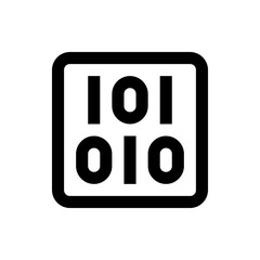 Illustration of a rounded square containing two rows of binary code ones and zeros in black and white