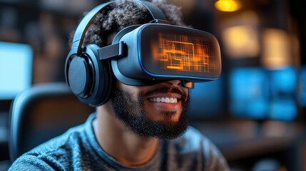 Close-up view of a person engrossed in virtual reality headset.