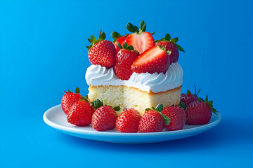 Delicious slice of cake topped with fresh strawberries.
