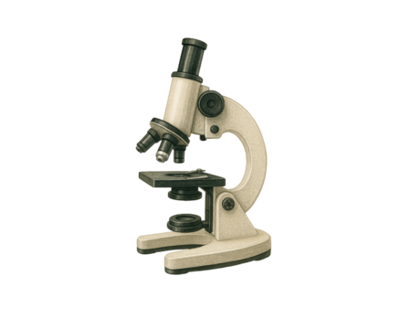 A white laboratory microscope, an optical instrument of science and medical research, sits isolated for biological and chemical experiments. isolated on transparent or white background PNG